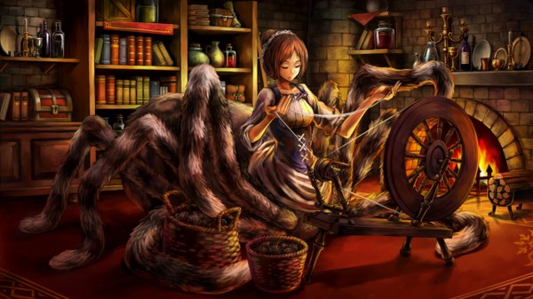 Anime picture 2560x1440 with dragon's crown vanillaware single highres short hair brown hair wide image sitting holding eyes closed monster girl girl dress hair ornament hairclip book (books) insect bottle shelf bookshelf
