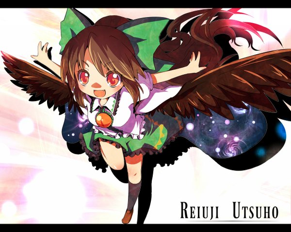 Anime picture 1250x1000 with touhou reiuji utsuho ayakashi (monkeypanch) single long hair fringe open mouth hair between eyes red eyes brown hair looking away full body ponytail fang (fangs) character names letterboxed spread arms starry sky print space print girl