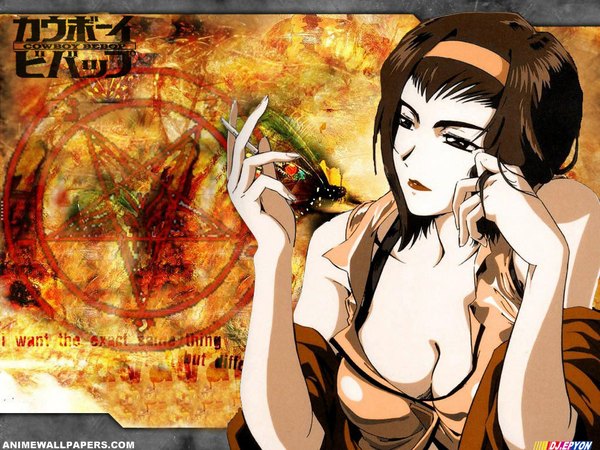 Anime picture 1024x768 with cowboy bebop sunrise (studio) faye valentine short hair breasts light erotic brown hair large breasts lips wallpaper orange background girl hairband cigarette