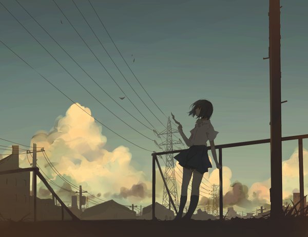 Anime picture 1354x1042 with original hanno single short hair black hair sky cloud (clouds) wind girl skirt shirt socks black socks wire (wires) power lines