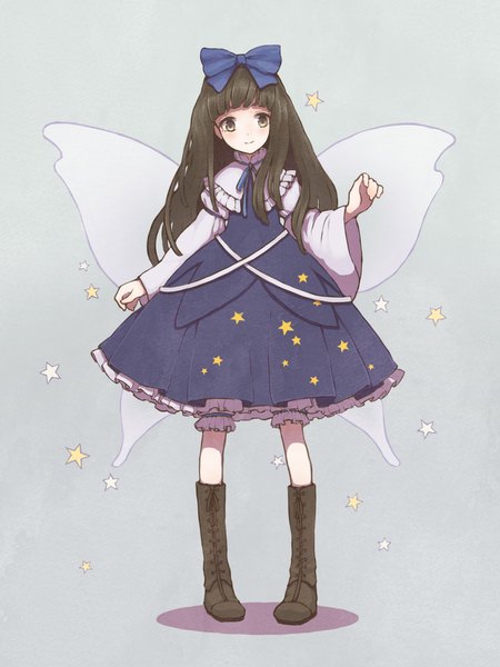 Anime picture 768x1024 with touhou star sapphire aoyagi neko single long hair tall image looking at viewer fringe simple background smile brown hair brown eyes grey background insect wings butterfly wings girl dress bow hair bow wings