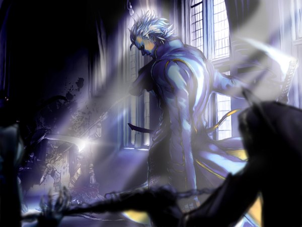 Anime picture 1600x1200 with devil may cry vergil kalicodreamz chayamachi suguro single short hair standing white hair indoors profile sunlight third-party edit boy window