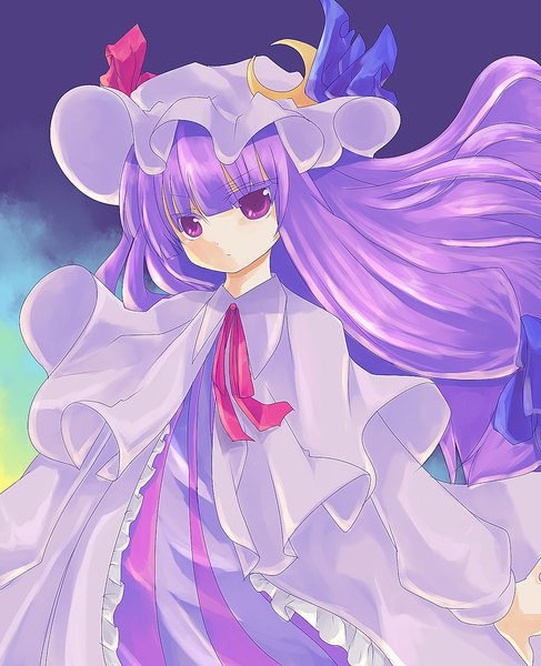 Anime picture 1300x1600 with touhou patchouli knowledge kikuichi single long hair tall image fringe purple eyes purple hair upper body expressionless girl ribbon (ribbons) hat bonnet