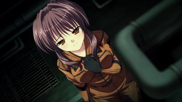 Anime picture 1280x720 with root double tachibana kazami short hair wide image brown eyes game cg purple hair girl suit