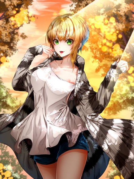 Anime picture 750x1000 with idolmaster idolmaster cinderella girls miyamoto frederica soya (torga) single tall image looking at viewer fringe short hair breasts open mouth blonde hair smile green eyes sky cleavage cloud (clouds) outdoors long sleeves :d