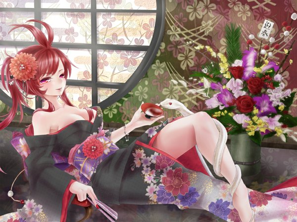 Anime picture 1050x787 with red stone angie (demon) shironeko yuuki single long hair blush fringe breasts light erotic smile red eyes bare shoulders holding cleavage ponytail red hair lying nail polish traditional clothes japanese clothes