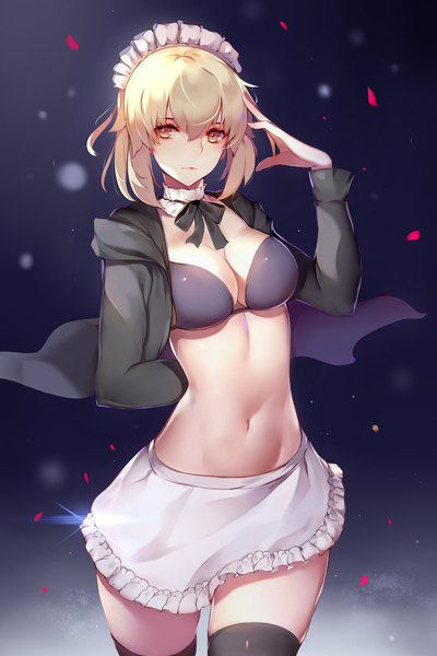 Anime picture 1500x2248 with fate (series) fate/grand order artoria pendragon (all) artoria pendragon (alter swimsuit rider) (fate) ban bu bu duou single tall image blush fringe short hair breasts light erotic blonde hair hair between eyes standing yellow eyes bare belly sparkle arm behind back girl
