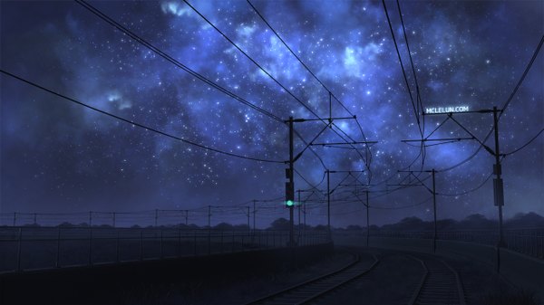 Anime picture 1280x720 with original mclelun wide image signed sky cloud (clouds) horizon mountain no people landscape scenic star (stars) traffic lights railroad tracks
