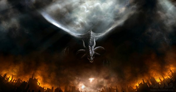 Anime picture 1024x535 with original treijim (artist) wide image smoke silhouette fire dragon