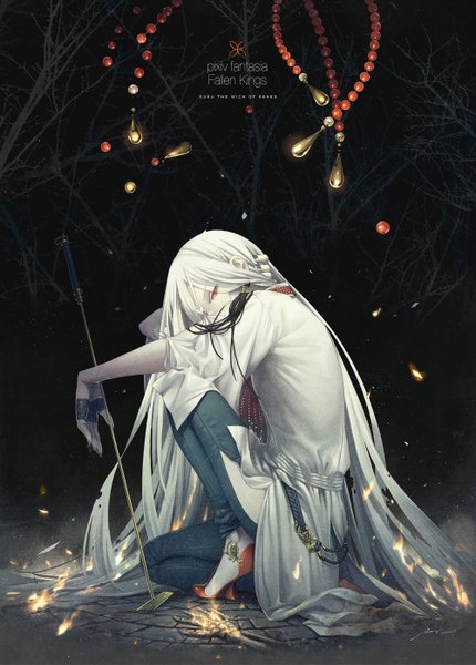 Anime picture 1000x1396 with original pixiv fantasia pixiv fantasia fallen kings imaginaly blank (artist) single long hair tall image looking at viewer red eyes white hair night pale skin bare tree bone (bones) girl weapon plant (plants) tree (trees) shoes belt