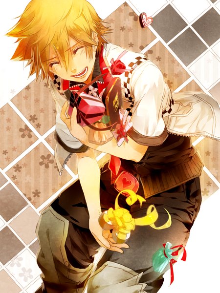 Anime picture 1000x1333 with kingdom hearts square enix roxas g.g.lemon single tall image blush short hair open mouth blonde hair smile eyes closed teeth valentine boy bow ribbon (ribbons) food heart sweets