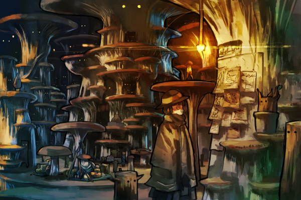 Anime picture 1200x800 with original pixiv fantasia pixiv fantasia iv yamaada single city hat paper lamp mushroom (mushrooms)