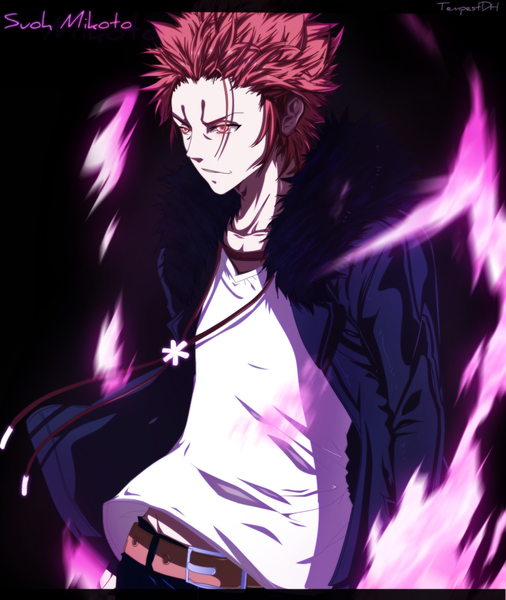 Anime picture 1014x1202 with k-project gohands (studio) mikoto suoh tempestdh single tall image short hair brown hair inscription orange eyes coloring boy fur pants cloak