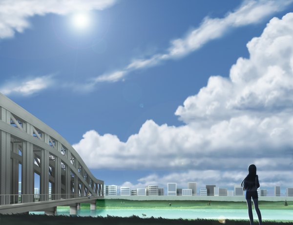 Anime picture 1300x1000 with arakawa under the bridge shaft (studio) nino siraha sky cloud (clouds) city landscape 3d sun bridge