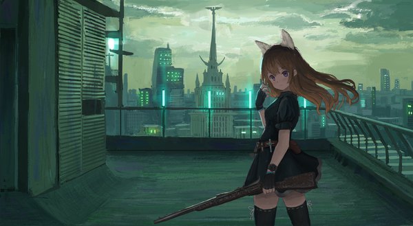 Anime picture 1273x700 with original ame sagari single long hair looking at viewer fringe brown hair wide image purple eyes animal ears cloud (clouds) outdoors wind cat ears cat girl zettai ryouiki city cityscape city lights girl