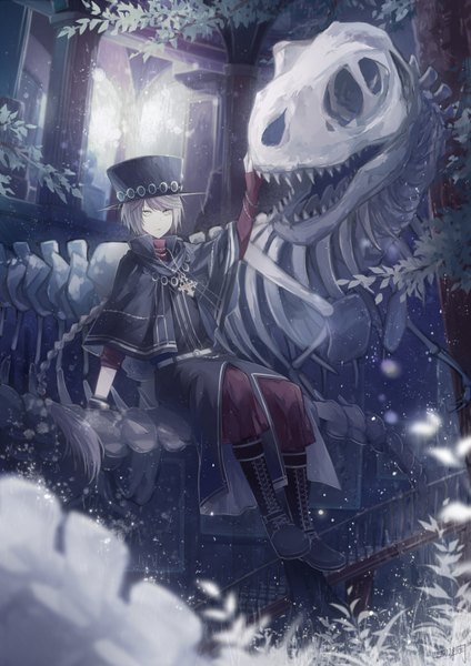 Anime picture 1240x1754 with original angel31424 single tall image fringe sitting yellow eyes payot looking away bent knee (knees) outdoors braid (braids) very long hair arm up sunlight blurry arm support teeth fang (fangs) depth of field