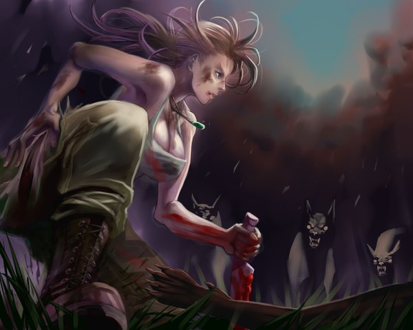Anime picture 1280x1024 with tomb raider lara croft jian liuren long hair breasts brown hair large breasts brown eyes grin torn clothes squat dirty girl plant (plants) animal boots pendant blood grass knife