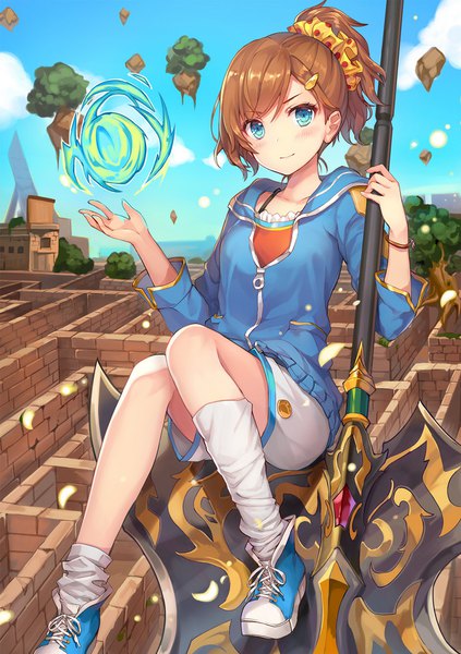 Anime picture 718x1019 with mondaiji-tachi ga isekai kara kuru sou desu yo? ayazato suzuka momoko (momopoco) single tall image blush fringe short hair blue eyes smile brown hair sitting sky ponytail magic weightlessness girl weapon socks shoes