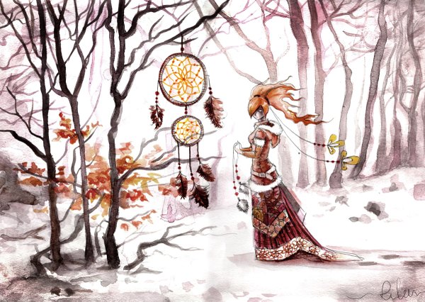 Anime picture 1200x853 with original rilun (artist) long hair fringe twintails signed orange hair landscape nature girl plant (plants) tree (trees) hood feather (feathers) forest