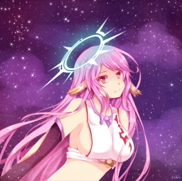 Anime picture 2952x2930 with no game no life madhouse jibril (no game no life) miruhi (pixiv12262111) single long hair highres breasts light erotic red eyes large breasts pink hair cloud (clouds) light smile night night sky girl gloves black gloves elbow gloves