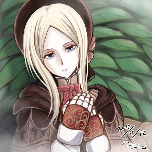 Anime picture 1000x1000 with bloodborne from software plain doll h-new single long hair blue eyes signed white hair dated looking down crossed arms girl gloves hat headdress leaf (leaves) cloak