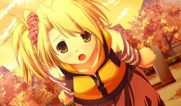 Anime picture 1024x600 with akikaze personal (game) short hair open mouth blonde hair wide image green eyes game cg girl