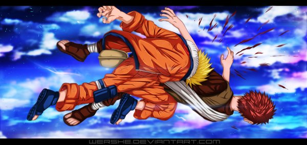 Anime picture 1800x853 with naruto studio pierrot naruto (series) uzumaki naruto gaara wershe highres short hair blonde hair wide image sky cloud (clouds) red hair multiple boys coloring jinchuriki battle boy blood 2 boys