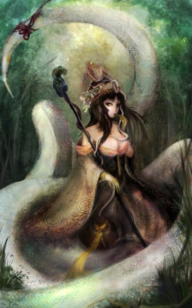 Anime picture 1000x1600 with original zhang xiao bo single long hair tall image looking at viewer brown hair yellow eyes finger to mouth girl dress plant (plants) staff snake