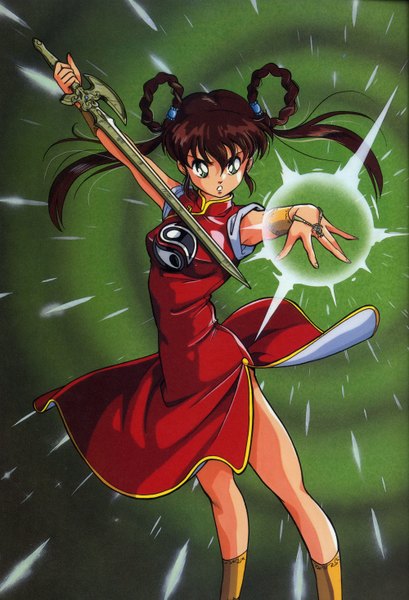 Anime picture 2000x2934 with devil hunter yohko mano yohko long hair tall image highres simple background brown hair twintails green eyes absurdres chinese clothes hair rings green background yin yang girl dress sword jewelry chinese dress
