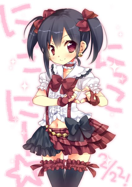 Anime picture 941x1329 with love live! school idol project sunrise (studio) love live! yazawa nico ech single tall image blush fringe short hair black hair red eyes twintails light smile short twintails heart hands girl thighhighs dress skirt