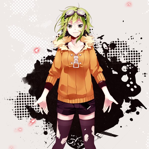Anime picture 1500x1500 with vocaloid gumi hatsuko single short hair green eyes green hair girl thighhighs black thighhighs glasses shorts goggles