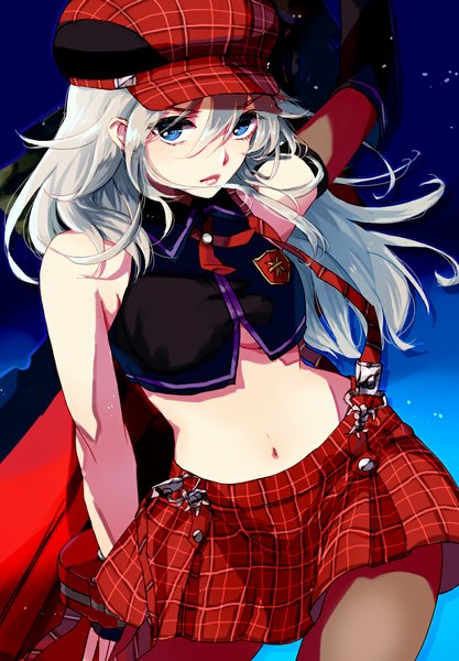 Anime picture 800x1150 with god eater burst alisa ilinichina amiella himasen single long hair tall image looking at viewer breasts blue eyes light erotic silver hair no bra midriff underboob plaid skirt girl skirt gloves navel weapon
