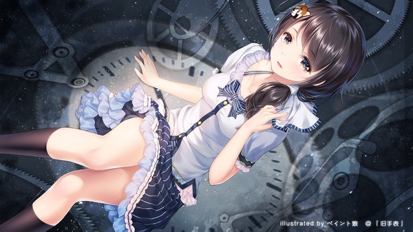 Anime picture 1200x675 with original paint musume single long hair looking at viewer black hair wide image brown eyes signed bent knee (knees) parted lips watermark dark background low ponytail girl dress hair ornament socks black socks gears