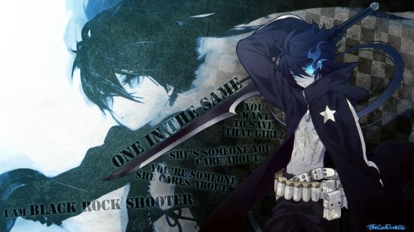 Anime picture 2560x1440 with black rock shooter black rock shooter (character) huke shirahane nao long hair looking at viewer fringe highres blue eyes wide image signed blue hair ponytail hair over one eye inscription wallpaper glowing scar glowing eye (eyes) checkered background