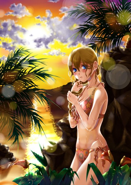 Anime picture 1750x2474 with original nuruhachi single long hair tall image blush highres blue eyes blonde hair cloud (clouds) evening sunset girl navel swimsuit plant (plants) bikini tree (trees) water palm tree