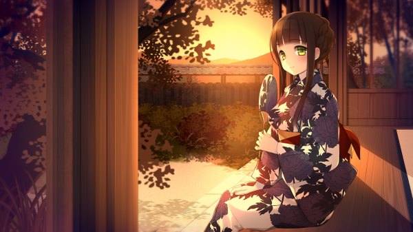Anime picture 1200x675 with original mitsuishi itoshi single long hair looking at viewer blush fringe smile brown hair wide image sitting green eyes payot sky outdoors blunt bangs braid (braids) traditional clothes japanese clothes wide sleeves