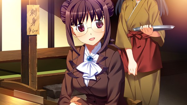 Anime picture 1280x720 with grisaia no kajitsu looking at viewer short hair open mouth black hair red eyes wide image multiple girls game cg girl 2 girls glasses suit