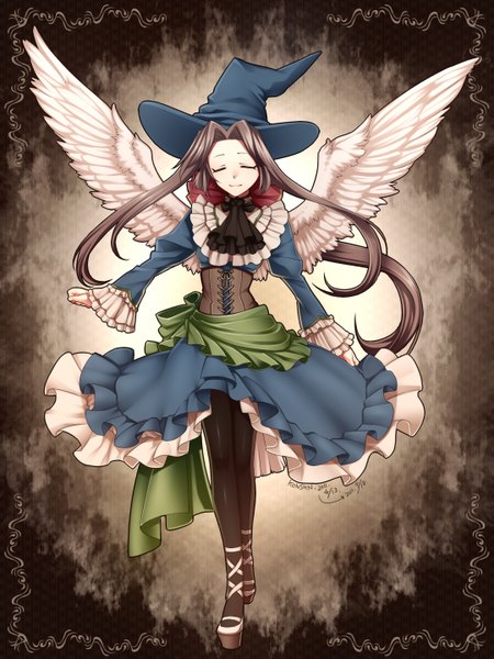 Anime picture 1080x1440 with original konshin single long hair tall image brown hair eyes closed angel wings witch girl dress pantyhose wings frills witch hat