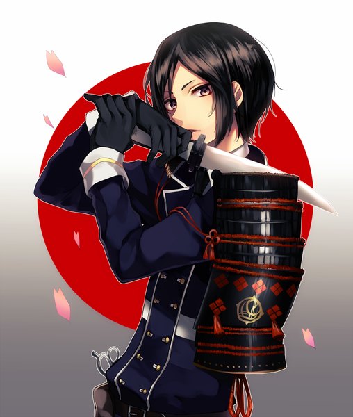 Anime picture 1000x1180 with touken ranbu nitroplus yagen toushirou ri-rihoo single tall image short hair black hair brown eyes looking away upper body gradient background military boy gloves uniform weapon petals black gloves armor