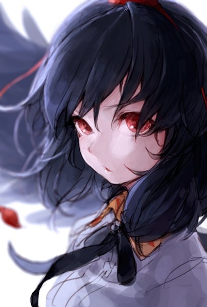 Anime picture 879x1300 with touhou shameimaru aya junwool single tall image looking at viewer short hair black hair red eyes wind portrait black wings girl wings