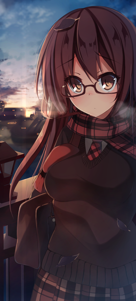 Anime picture 1378x3033 with original netarou single long hair tall image looking at viewer blush brown hair brown eyes sky evening plaid skirt sunset girl skirt glasses necktie scarf leaf (leaves) sweater