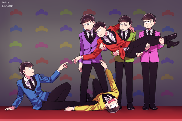 Anime picture 1200x800 with osomatsu-san the creation of adam matsuno osomatsu matsuno karamatsu matsuno ichimatsu matsuno choromatsu matsuno todomatsu matsuno juushimatsu mery (yangmalgage) short hair open mouth black hair standing signed looking away full body parted lips profile arm support multiple boys
