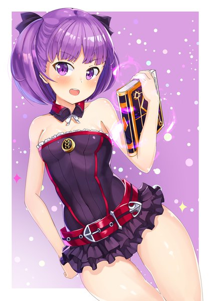 Anime picture 2199x3102 with fate (series) fate/grand order helena blavatsky (fate) 2drr single tall image looking at viewer blush fringe highres short hair breasts open mouth light erotic smile purple eyes bare shoulders holding absurdres purple hair