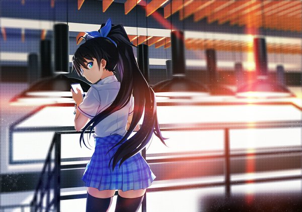 Anime picture 1034x728 with idolmaster ganaha hibiki satori0121 single long hair fringe black hair simple background standing holding ahoge ponytail looking back from behind short sleeves zettai ryouiki rough time school girl thighhighs skirt