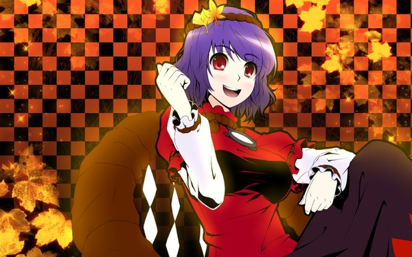 Anime picture 1600x1000 with touhou yasaka kanako gayprince single short hair open mouth red eyes wide image purple hair checkered background girl leaf (leaves) rope