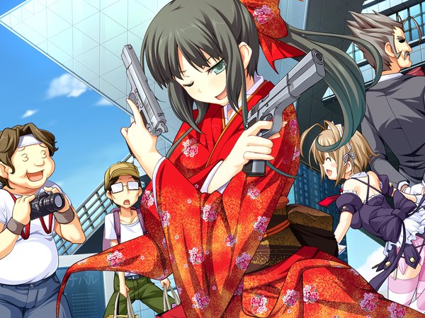 Anime picture 1024x768 with sekisaba! (game) long hair blue eyes black hair game cg japanese clothes girl weapon kimono gun