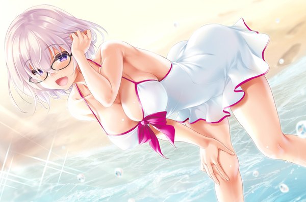 Anime picture 1362x903 with fate (series) fate/grand order mash kyrielight mash kyrielight (swimsuit of perpetual summer) cle masahiro single looking at viewer fringe short hair breasts open mouth light erotic hair between eyes large breasts purple eyes pink hair cleavage :d sparkle leaning