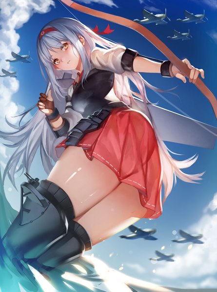 Anime picture 1484x2000 with kantai collection shoukaku aircraft carrier yykuaixian single long hair tall image blush yellow eyes sky cloud (clouds) white hair girl thighhighs weapon black thighhighs hairband bow (weapon) aircraft airplane