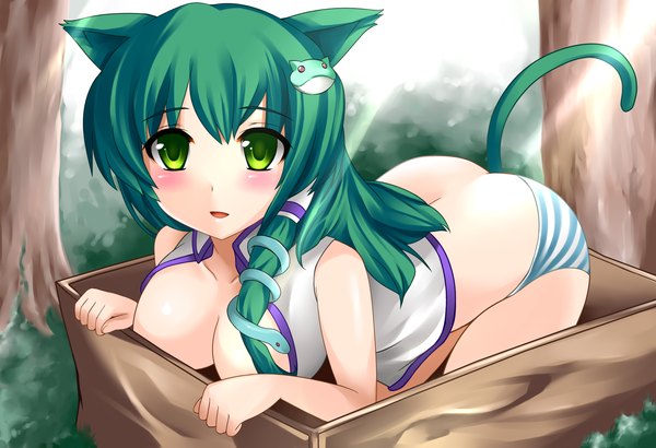 Anime picture 1900x1300 with touhou kochiya sanae yoshimo long hair blush highres light erotic green eyes animal ears green hair cat ears cat tail girl underwear panties hair tubes