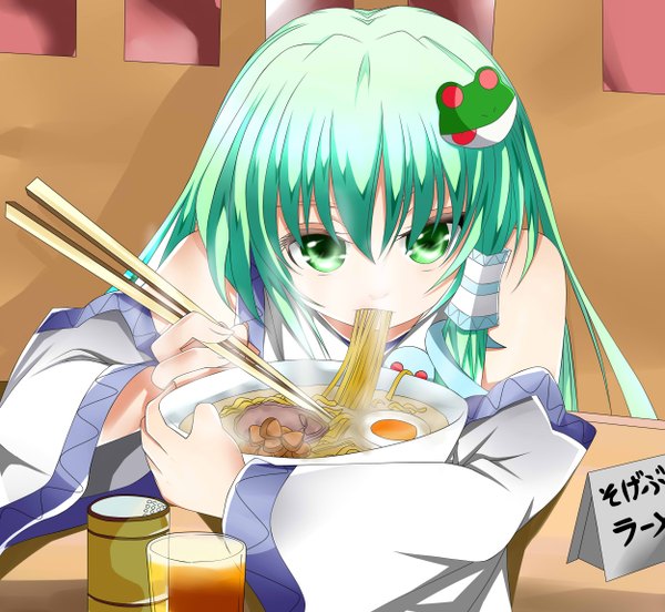 Anime picture 2500x2300 with touhou kochiya sanae seno (nanrandesu) single long hair looking at viewer fringe highres hair between eyes green eyes green hair eating girl hair ornament detached sleeves food hair tubes chopsticks noodles ramen